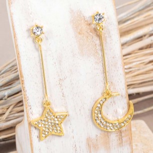 Boucles d'oreilles STARS BY MOON White Gold Pendantes pavées étoile et lune Doré et Blanc Laiton doré à l'or fin Cristal