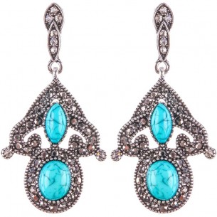 ARCANTAS Turquoise Silver Earrings Short Dangle Antique Silver Rhodium Crystal and Reconstituted Turquoise