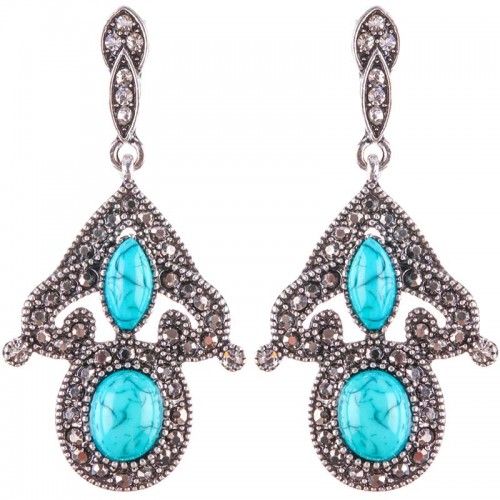 ARCANTAS Turquoise Silver Earrings Short Dangle Antique Silver Rhodium Crystal and Reconstituted Turquoise