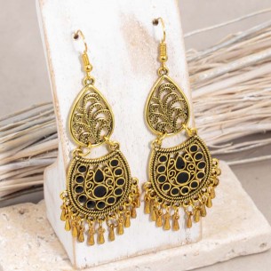 CASAL Black Gold Earrings Dangling with Gypsy pendant Gold and Black Brass gilded with fine gold enamels