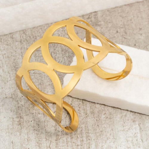 Bracelet UNIVERS Gold Manchette réglable flexible rigide ajourée Cercles entrelacés Doré Acier inoxydable doré à l'or fin