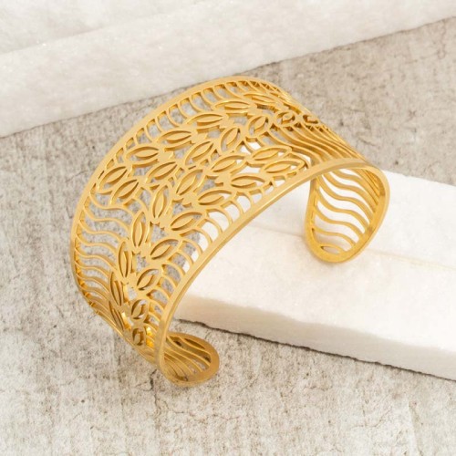 Bracelet GARDENA Gold Manchette réglable flexible rigide ajourée Feuillage Doré Acier inoxydable doré à l'or fin