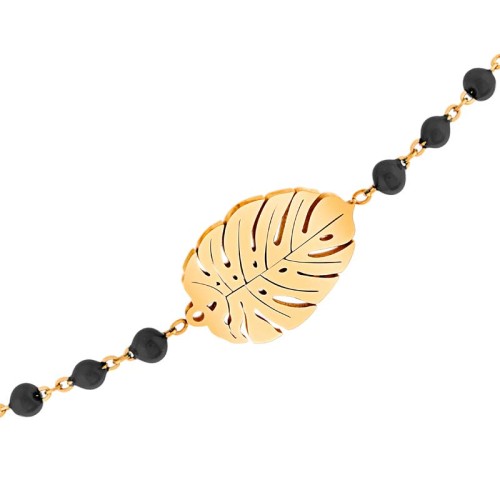 Bracelet FOREST Black Gold Bracelet fin chaine souple réglable Feuille Doré et Noir Acier inoxydable doré à l'or fin rosé Perles