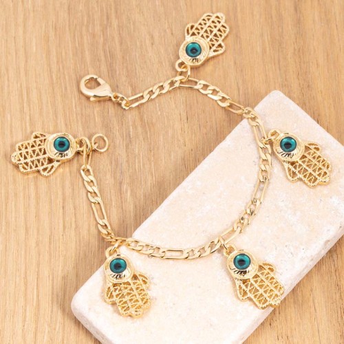 Bracelet EYONE Blue Gold Bracelet chaine souple Œil et main de fatma Doré et Bleu Laiton doré à l'or fin Résines