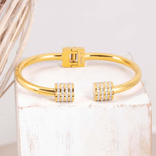 Bracelet DOMIKA White Gold Jonc réglable flexible rigide Toi et Moi Doré et Blanc Acier inoxydable doré à l'or fin Cristal