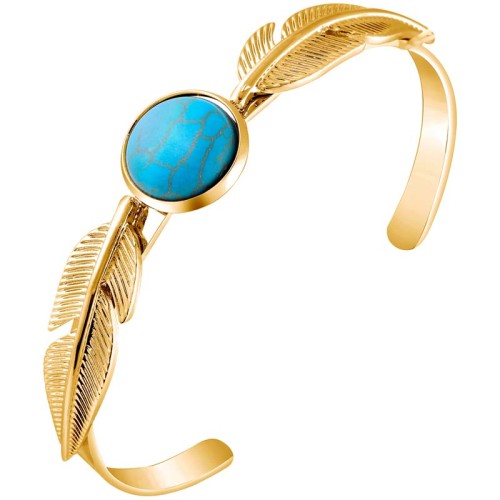 Bracelet FAVEDRO Turquoise Gold Jonc réglable flexible rigide multirangs Plumes ethniques Doré et Turquoise reconstituée Rhodium