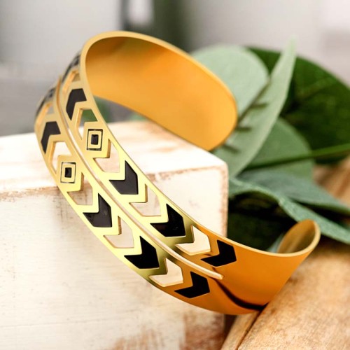 Bracelet CAROL Black Gold Manchette réglable flexible rigide ajourée Ethnique Doré Noir Acier inoxydable doré à l'or fin émaux