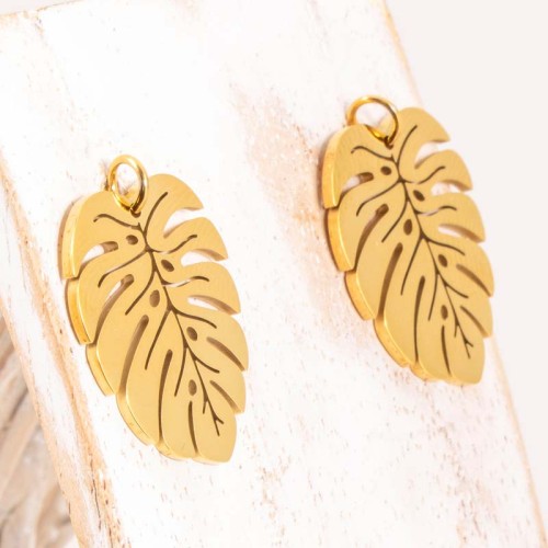 Boucles d'oreilles JUNGLE Gold Pendantes courtes Feuille de coco Doré Acier inoxydable doré à l'or fin