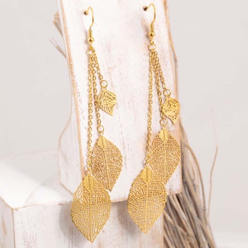 Boucles d'oreilles NATURE FEEL Gold Pendantes longues ajourées Feuilles filigranes Doré Acier inoxydable doré à l'or fin