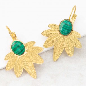 NATULIS Green Gold sleeper earrings steel golden leaf green malachite