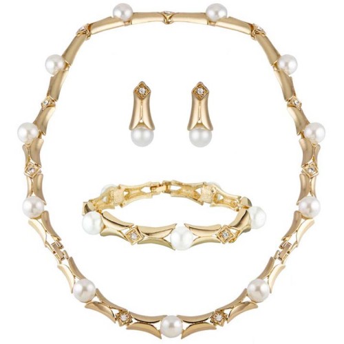 Parure NEW ALEXA White Gold Ras de cou bracelet boucles d'oreilles pendantes Perles Blanc Doré à l'or fin Oxyde de zirconium