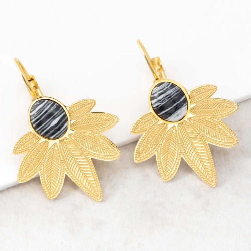 NATULIS Black & White Gold lever-back earrings steel black and white gold leaf jasper stone