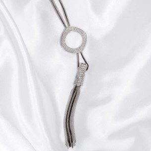 Collier ROUND SQUARE CRYSTAL White Silver Sautoir...