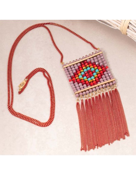 Collier EMIOS Coral Red Gold Sautoir pendentif en Y Ethnique amérindien Doré et Rouge Corail Rhodium Perles de Cristal Pompons