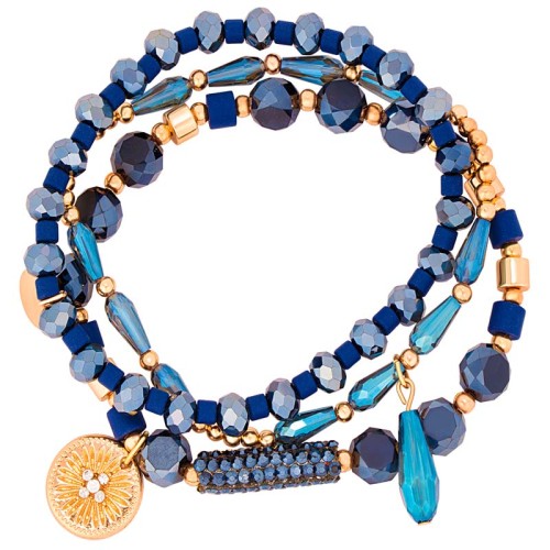Bracelet OFELIE CRYSTAL Night Blue Gold Bracelet à pendentif Multirangs Solaire Doré et Bleu Nuit Doré à l'or fin Cristal
