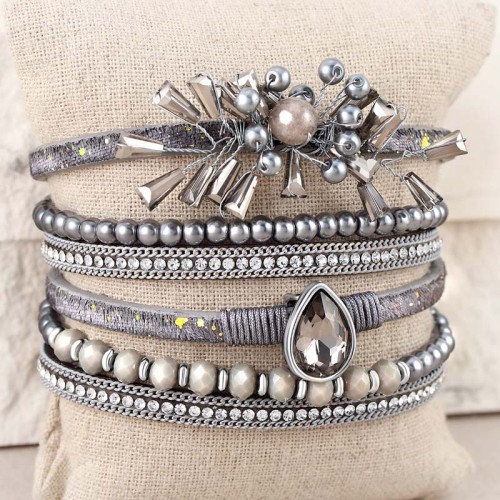 Bracelet DIANA GALAXY Grey Silver Double tour Multirangs éclats de cristal Argenté et Gris Simili-Cuir Cristaux sertis et Perles