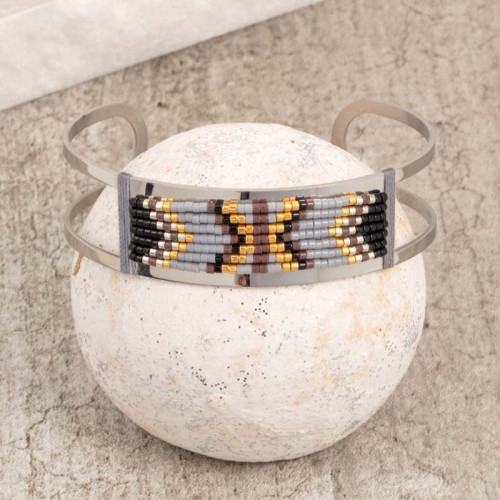Bracelet MANIOTIS Black Silver Manchette réglable flexible rigide ajourée Ethnique Argenté et Noir Acier inoxydable Perles