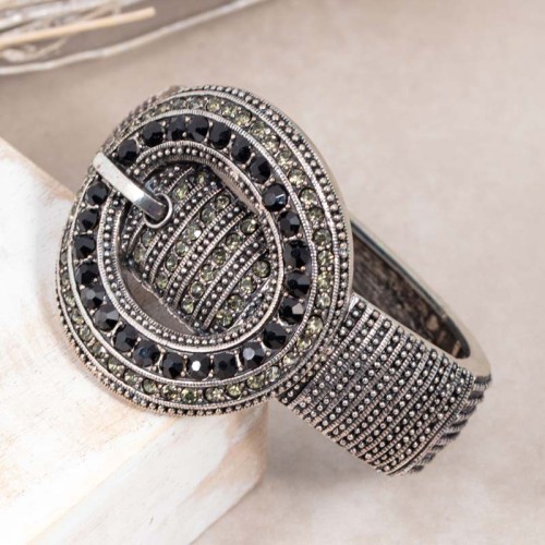 Bracelet CINTULA Black Silver Manchette rigide ajourée Boucle de ceinture Argenté et Noir Rhodium Cristal