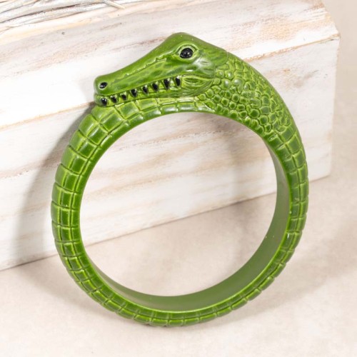 Bracelet AMAZO Black Green Manchette rigide Crocodile Vert et Noir Bois