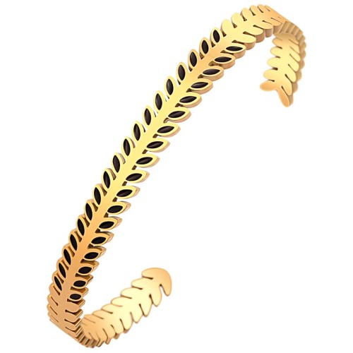 Bracelet NOGUERI Black Gold Jonc réglable flexible rigide multirangs Feuillage Noir Acier inoxydable doré à l'or fin émaux