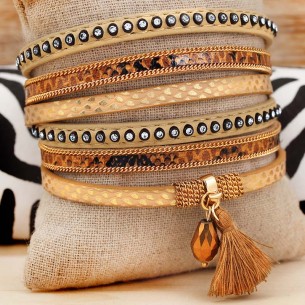 Bracelet INDIANA TAUPE Beige Gold Double tour Multirangs...