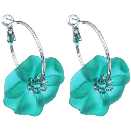 Boucles d'oreilles SUMAO Green Silver Créoles à pendentif Floral Argenté et Vert Rhodium Cristal et Résines