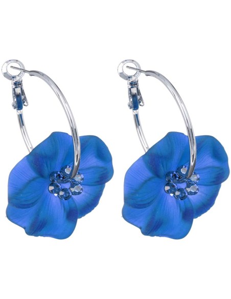 Boucles d'oreilles SUMAO Navy Blue Silver Créoles à pendentif Floral Argenté et Bleu Marine Rhodium Cristal et Résines