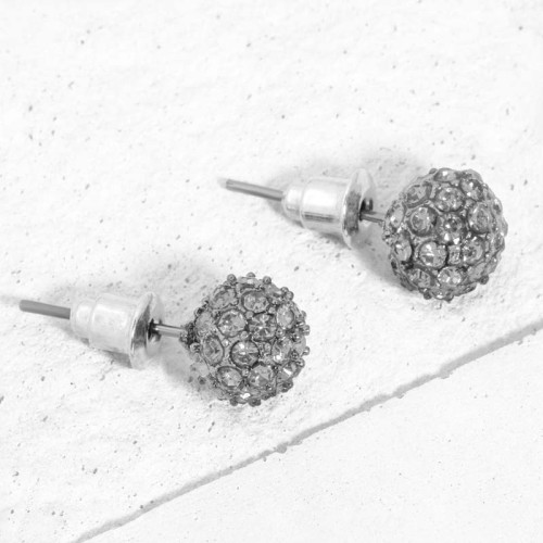 Boucles d'oreilles CLEONA CRYSTAL Grey Silver Puces clous Boule perle pavée de cristaux Argenté et Gris Rhodium Cristal