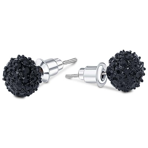Boucles d'oreilles CLEONA CRYSTAL Black Silver Puces clous Boule perle pavée de cristaux Argenté et Noir Rhodium Cristal