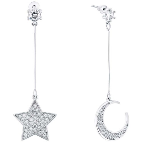 Boucles d'oreilles STARS BY MOON White Silver Pendantes pavées étoile et lune Argenté et Blanc Rhodium Cristal