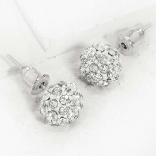 Boucles d'oreilles CLEONA CRYSTAL White Silver Puces clous Boule perle pavée de cristaux Argenté et Blanc Rhodium Cristal