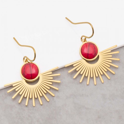 EKIS Coral Gold solar pendant earrings golden steel coral red jasper