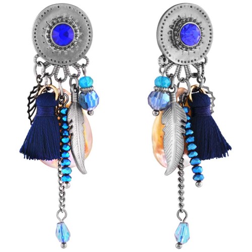 Boucles d'oreilles HOUSTON Night Blue Silver Pendantes à pendentif Ethnique Argenté et Bleu Nuit Rhodium Cristal et Nacre