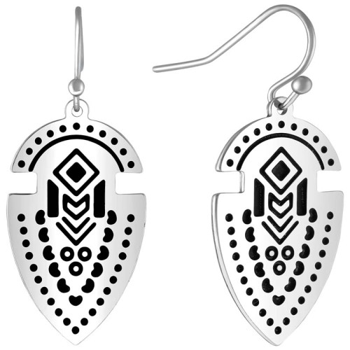 Boucles d'oreilles PRIMITIF Black Silver Pendantes courtes Ethnique Argenté et Noir Rhodium Gravure