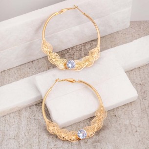 Boucles d'oreilles AROLENA CRYSTAL White Gold Créoles pavées Feuillage Doré et Blanc Doré à l'or fin Cristal 2