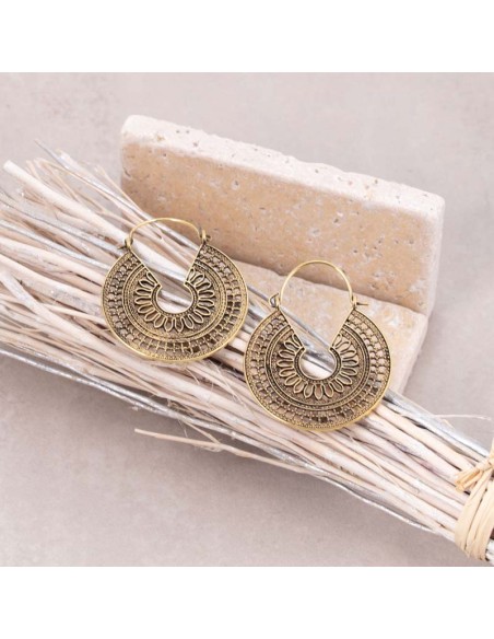 Boucles d'oreilles KANOA Black Gold Créoles disques ajourées Antique Doré et Noir Laiton doré à l'or fin