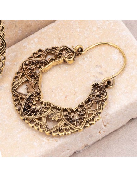 Boucles d'oreilles RAJANE Black Gold Créoles disques ajourées Floral Doré et Noir Laiton doré à l'or fin