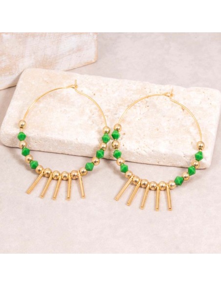 Boucles d'oreilles VERTIS Green Gold Créoles à pendentif Frange Dorées et Vert Laiton dorée à l'or fin