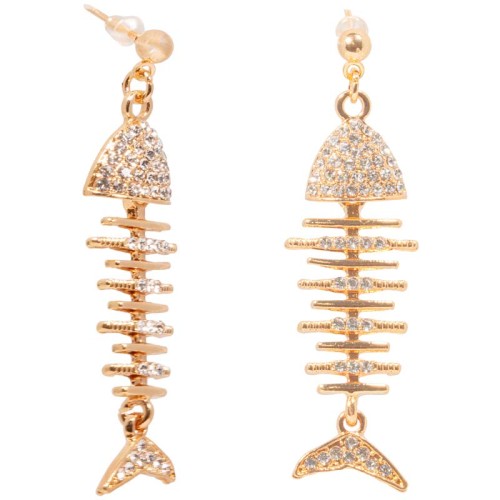 Boucles d'oreilles FISH White Gold Pendantes à pendentif Arête de poisson Doré et Blanc Laiton doré à l'or fin Cristal