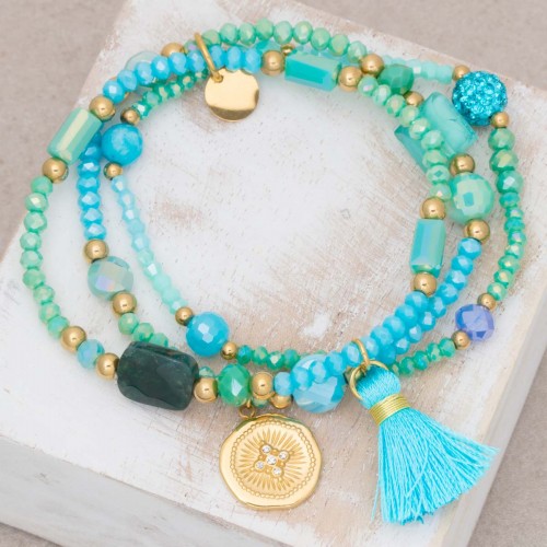 Bijoux bracelet fin OFELIE Aqua Gold Menthe À l'O acier doré plusieurs rangées perles turquoise Bijoux Sauvages
