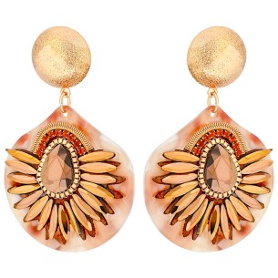 EKINOSA Beige Gold earrings Paved pendants Crystal crown Gold and Beige Brass gilded with fine gold Crystal Resins