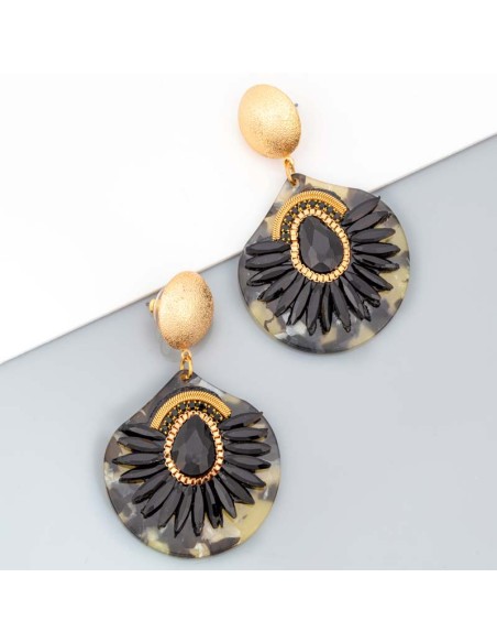 Boucles d'oreilles EKINOSA Black Gold Pendantes pavées Couronne de cristal Doré et Noir Laiton doré à l'or fin Cristal Résines