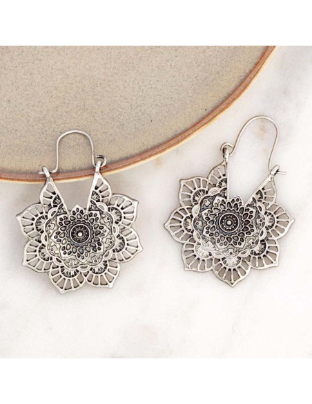 Boucles d'oreilles ALHAMBRINE Silver Créoles ajourées Filigrane floral Laiton argenté