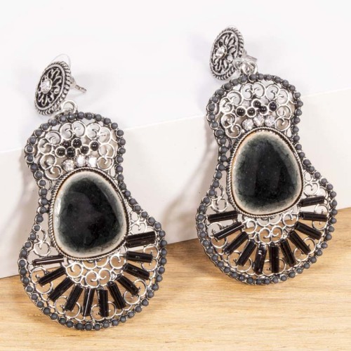 Boucles d'oreilles GUAPENDA Black Silver Pendantes ajourées Baroque romantique Argenté et Noir Rhodium Cristal Résines Perles