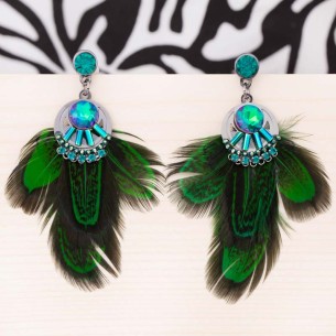 ROJARES CRYSTAL EDITION Green Emerald Silver Earrings Pavé Ethnic Silver and Green Rhodium Crystal Feathers