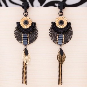 FLOR DE EGYPTA Black Gold earrings Long pendant Floral...