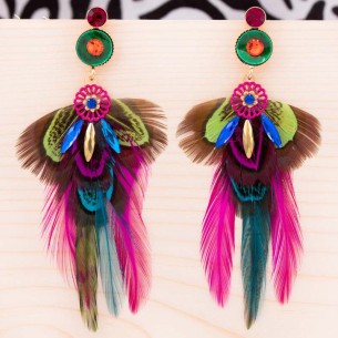 ATALIS CRYSTAL Color Gold Earrings Pavé Ethnic Pendants Gold and Multicolor Rhodium, Crystal, Feathers and Mother-of-Pearl