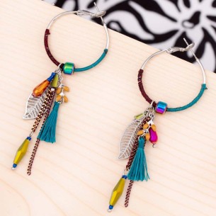 MANOLA Color Silver Earrings Ethnic Dangling Creoles Silver and Multicolor Rhodium Crystal and Weaving