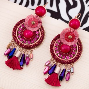 BOMBAY CEREZA Red Bordeaux Gold Earrings Dangling with Ethnic Red Pendant Gilded with fine gold Crystal and Embroidery