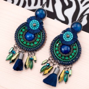 BOMBAY Blue Green Silver Earrings Paved Pendant Ethnic Silver Blue Green Rhodium Crystal and Embroidery